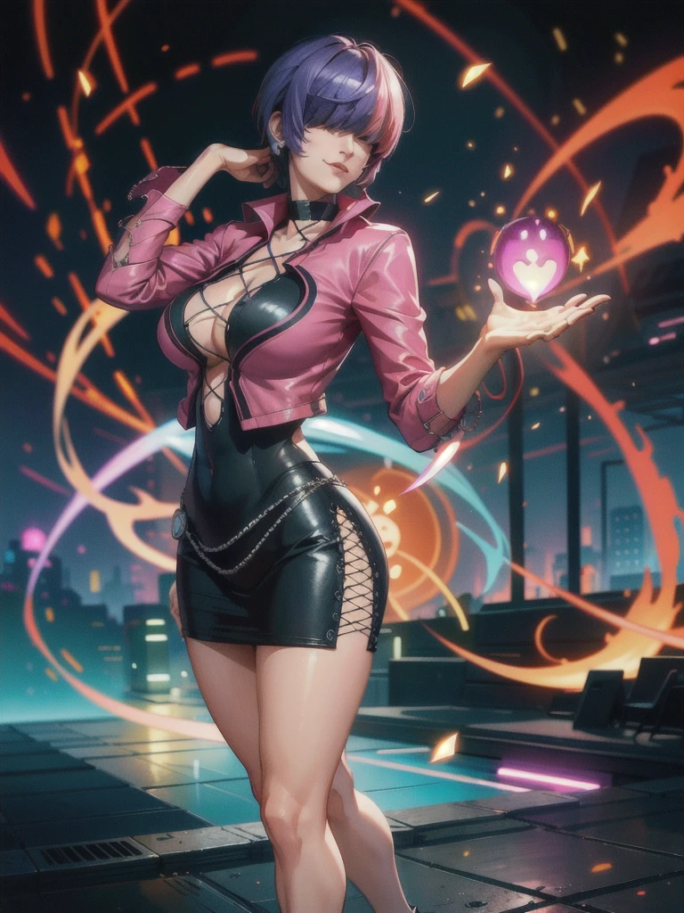 (night), in a video game scene with a neon background and a neon light,
Standing at attention,
pink suit, pink jacket, choker, neckline, clothing cut,
earrings, purple hair, she has long bangs in her hair that cover her eyes ((hair over eyes)),
1 girl, 20 years old, Young woman, Beautiful finger, Beautiful long legs, Beautiful body, Beautiful nose, Beautiful character design, perfect face,
looking at viewer (focusing on his face), mouth closed, Light_Smile,
official art, extremely detailed CG unity 8k wallpaper, perfect lighting, colorful, bright front lighting, shiny skin,
(masterpiece: 1.0), (best_quality: 1.0), ultra-high resolution, 4K, ultra-detailed,
photography, 8K, HDR, high resolution, absurdities:1.2, Kodak portra 400, film grain, blurred background, bokeh:1.2, lens flare, (vibrant_color:1.2), professional photography,
(Beautiful, breasts: 1.4), (beautiful_face: 1.5), (narrow_waist),