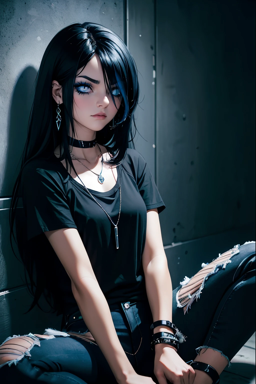 Woman, Black Hair, Blue Hair, (Black Hair with Blue Streaks), Long Hair, Hair covering one eye, ((Dark Emo Makeup)), Black Jeans, Black Tshirt, Piercings Silver Necklace, Depressed Expression, Sitting in dark room