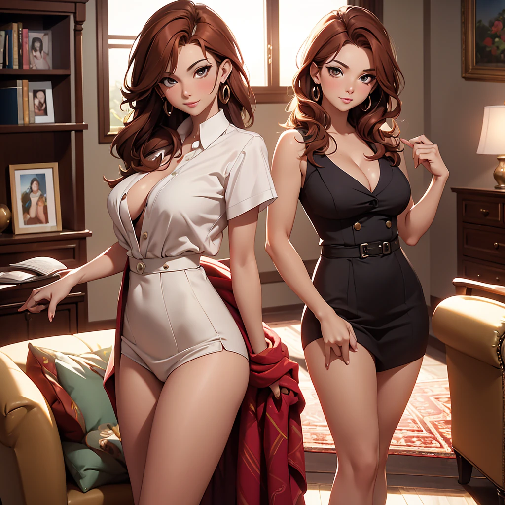 (Masterpiece), (4k), )vivid colors), (evening light) Woman of 40 with brown hair with red highlights dressed as a successful MILF businesswoman with a pose and seductive look, accompanied by her small-breasted 15-year-old blonde daughter in the living room of her house