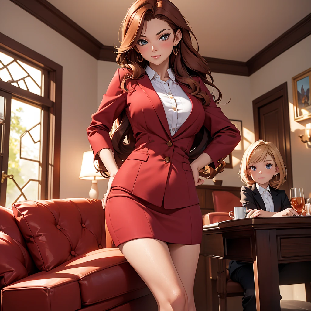 (Masterpiece), (4k), )vivid colors), (evening light) Woman of 40 with brown hair with red highlights dressed as a successful MILF businesswoman with a pose and seductive look, accompanied by her small-breasted 15-year-old blonde daughter in the living room of her house