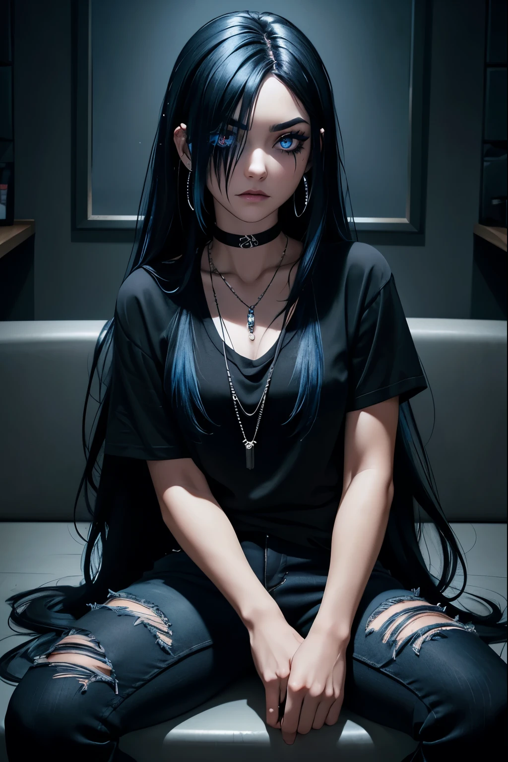 Woman, Black Hair, Blue Hair, (Black Hair with Blue Streaks), Long Hair, Hair covering one eye, ((Dark Emo Makeup)), Black Jeans, Black Tshirt, Piercings Silver Necklace, Depressed Expression, Sitting in dark room