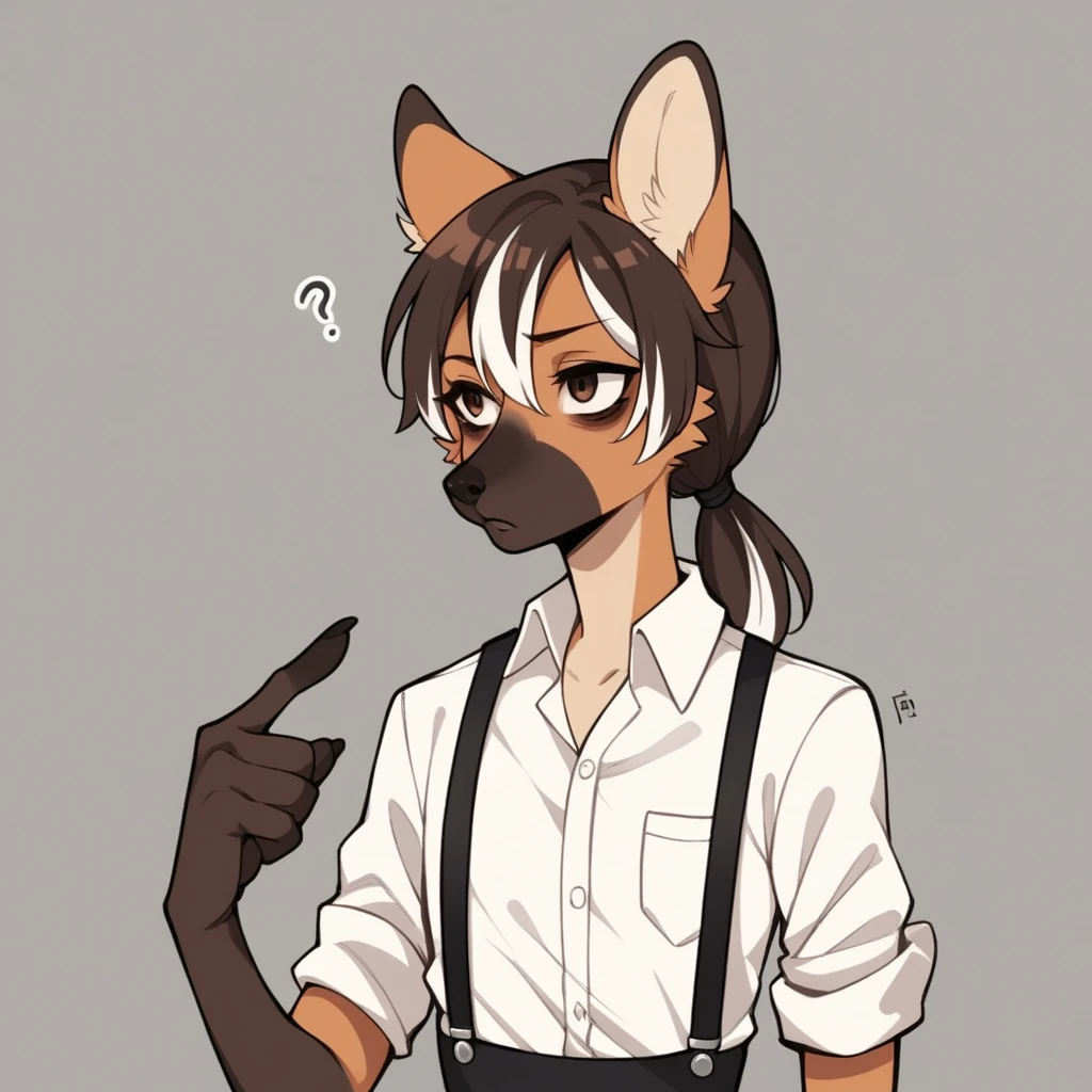 Solo, score_9, score_8_up, score_7_up, score_6_up, score_5_up, score_4_up, source_furry, Anthro, androgynous, anthro furry girl, maned wolf, brown eyes, tall, long legs, thick thighs, , short brown hair, white tips on hair, white highlights on hair, low ponytail. side locks, snout, jitome, bags under eyes, flat chested, wearing white button up shirt, sleeves rolled up, suspenders, looking to the side, casual stance, pointing to herself, confused