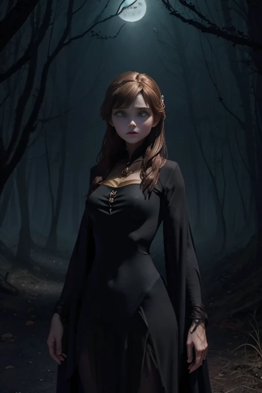masterpiece, Highest quality, masterpiece, (One girl), (letter), Evil Witch, Dark Energy, Empty, Hollow Eyes, (an extremely evil), black magic, Dark Forest, Negative Energy, hell, Empty, performer, Brown Hair,Wearing a black high-cut swimsuit、The Ghost of Anna of Arendelle、Dead Girl