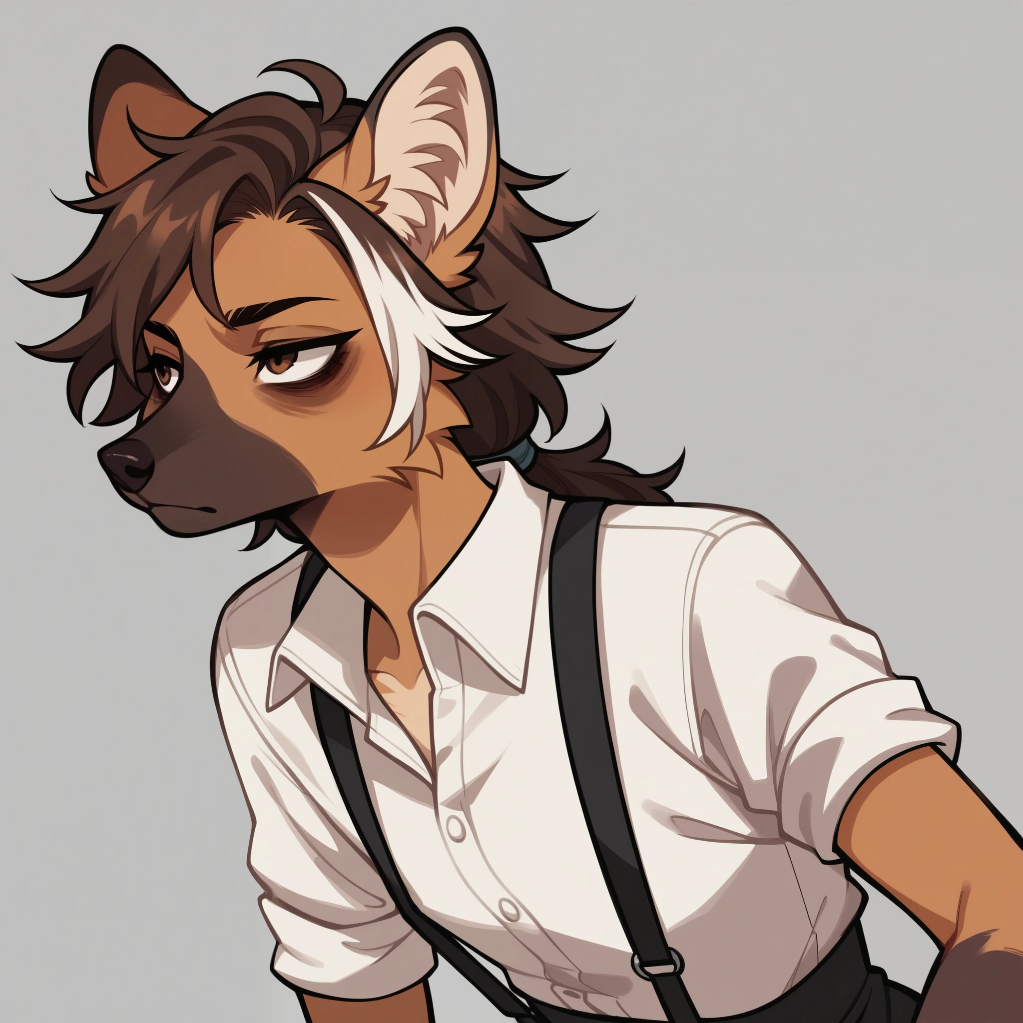 Solo, score_9, score_8_up, score_7_up, score_6_up, score_5_up, score_4_up, source_furry, Anthro, androgynous, anthro furry girl, maned wolf, brown eyes, tall, long legs, thick thighs, , short brown hair, white tips on hair, white highlights on hair, low ponytail. side locks, snout, jitome, bags under eyes, flat chested, wearing white button up shirt, sleeves rolled up, suspenders, black slacks, looking to the side, casual stance
