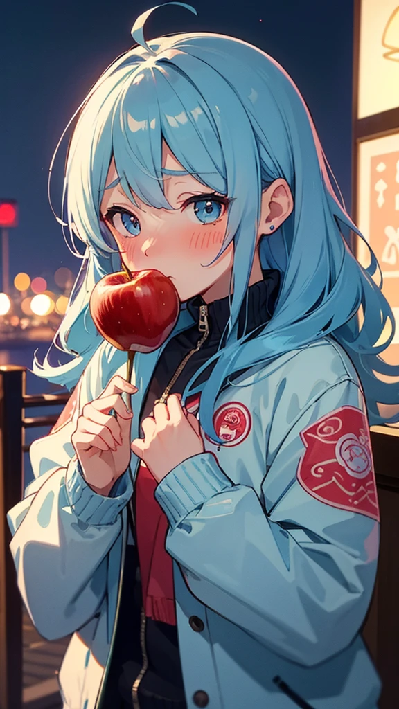 Wearing a souvenir jacket、woman、Eating an apple、Night Port、Embarrassed expression、 light blue hair, ear blush, full blush, Draw a clear face, Sea-view harbor, Eat an apple, Embarrassed face, Blushing, anime, Bomber jacket with Japanese embroidery, cinematic lighting, uhd, highres, best quality, 8k