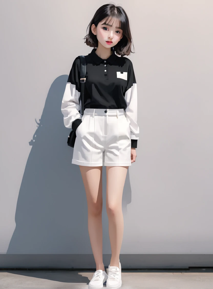 A girl standing full length, with black and white clothes