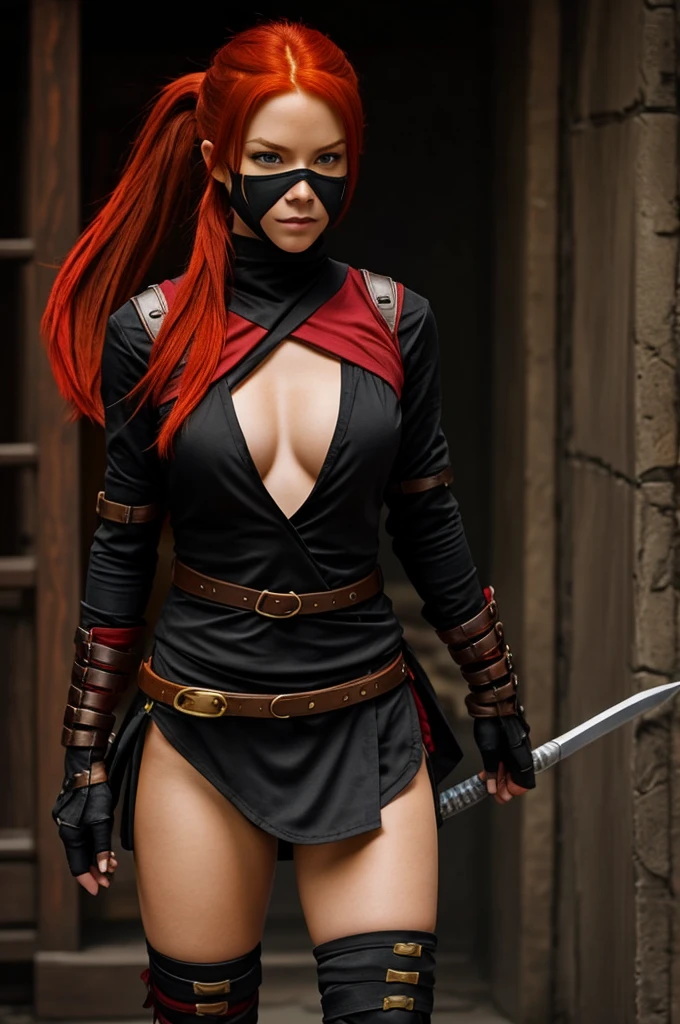 Create a redhead girl for DND who is an assassin,yellow eyes thong, Yes, the clothing is red and black like a ninja.. Plus, my hair is in a ponytail and a mask..And red wings like phoenix and alcohol 