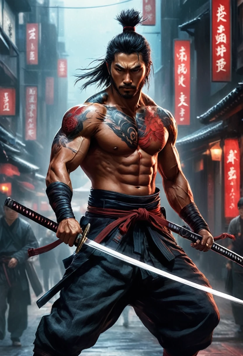 best qualityer,Ultrathin, male samurai, (pulling the Japanese sword from the sheath on his waist), fighting,Dodge,avert away,realisitic,, katana illustration, (pulling the Japanese sword from the sheath on his waist), muscular or broad chest break (containment (katana sword:1.2)), (Shimmering blade), (containment sword sheath) break (cyberpunk style) Hyper-Realism, very detailed skin, 4K, inkpunk style, black and red, Great lighting.
