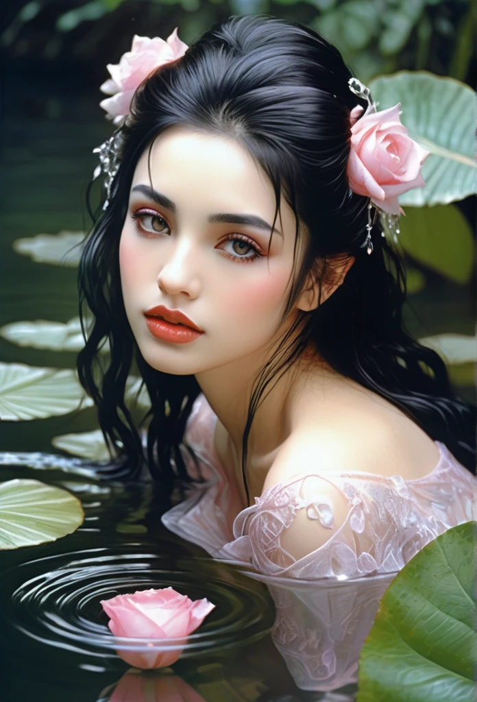 double exposure,A masterpiece, black fairy, sitting on a leaf,river, cristal clear water,oil painting,by luis Royo, drawn pencil art, ultra detailed, lips ultra gloss, long. wavy hair, dressed long,transculent, dressing, pink cup, bacground vintage, perfect hands, hearts, rose, filigree, glowing, shadowy, ultra quality, 3d, spoked hairstyle