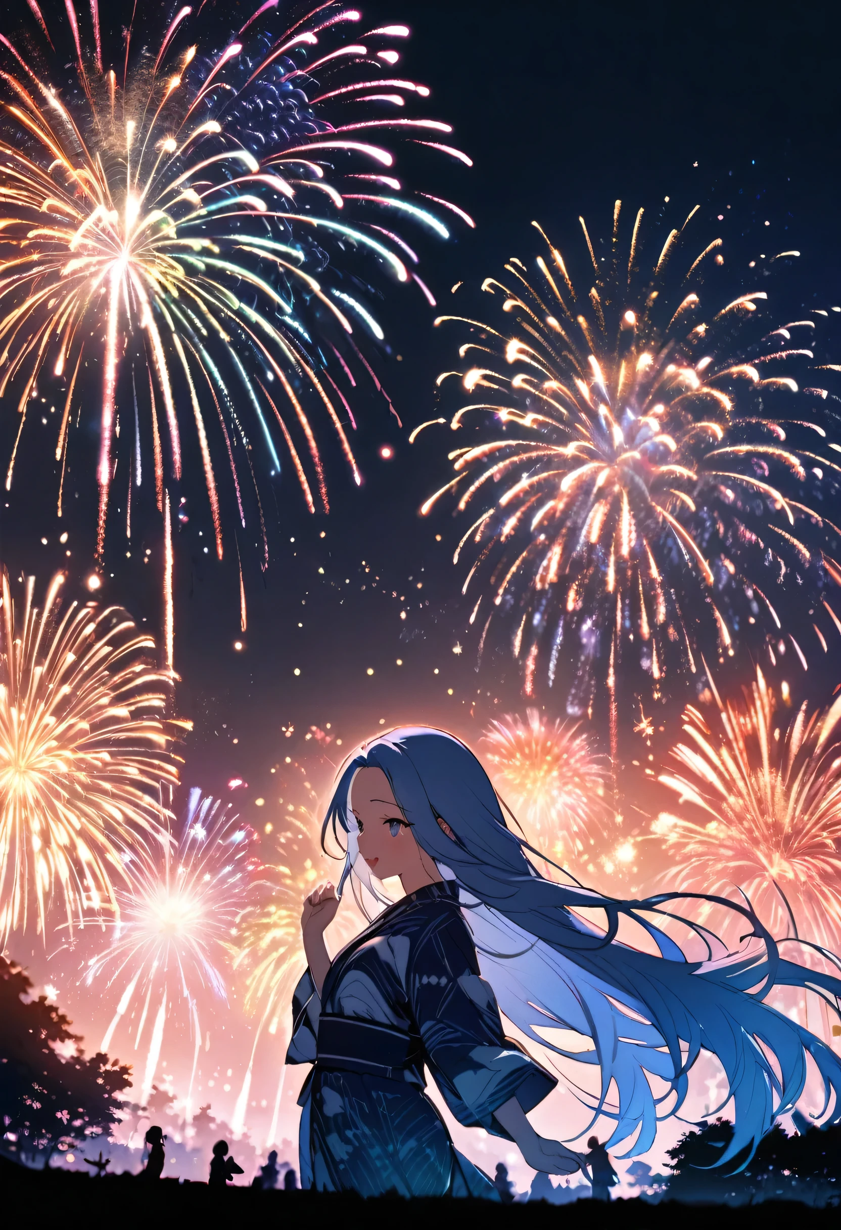 (immensely beautiful many fireworks), (double exposure:1.2 fireworks in her's pupil a forehead blue hair long hair cute girl, glossy lip, love smile, in a exposure yukata, small tits), BREAK, 16k, beautiful detailed silhouette.