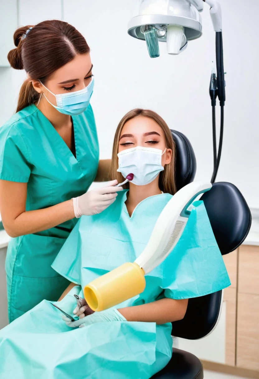 Anime dentist treatment with laughing gas with young girl on the chair