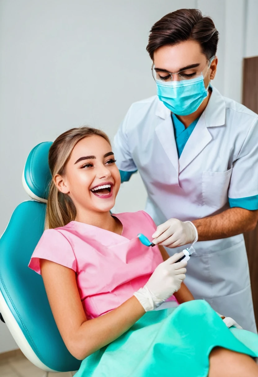 Anime dentist treatment with laughing gas with young girl on the chair