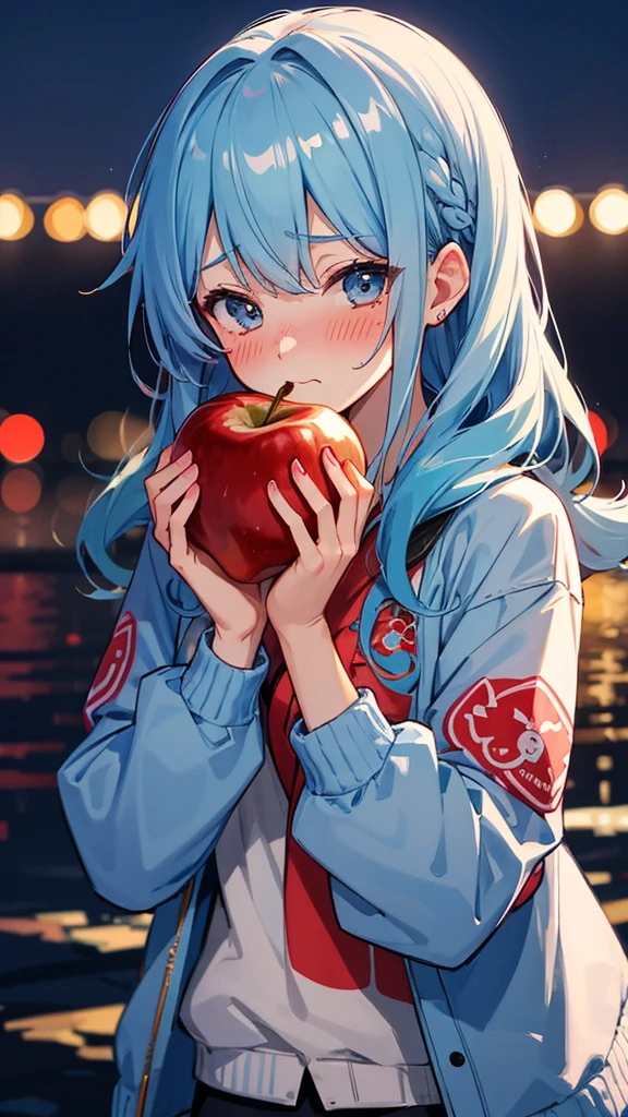 Wearing a souvenir jacket、woman、Eating an apple、Night Port、Embarrassed expression、 light blue hair, ear blush, full blush, Draw a clear face, Sea-view harbor, Eat an apple, Embarrassed face, Blushing, anime, Bomber jacket with Japanese embroidery, cinematic lighting, uhd, highres, best quality, 8k