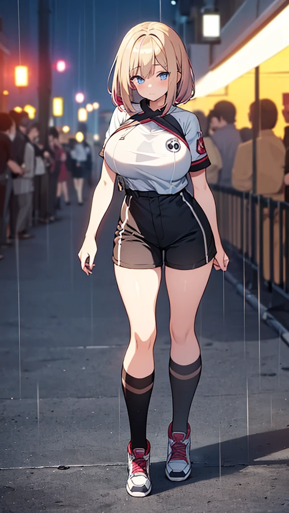 Full body image, front, One girl, 18-year-old, Mix 4, (32K, RAW Photos, Highest quality, masterpiece:1.2), (Anime-like, photoAnime-like:1.37), cute, Short sleeve T-shirt,Shorts,Black knee socks, night, rain, Humidity, Professional Lighting, Photon Mapping, Radio City, Physically Based Rendering, Super Resolution, (Big Breasts:1.2), {{The biological weapon that had preyed on the younger sister took her place and reunited with the older brother.}}, Girl Skull, whole body, NSFW