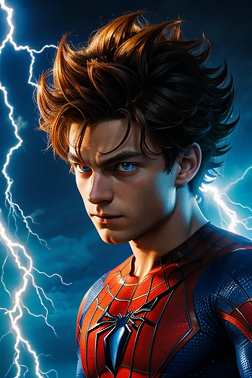 Peter parker in the spiderman suit with curly hair, with a dragon ball aura like goku blue but with red and blue electricity, with colored eyes, one red and the other blue eye with rays like the god of thunder