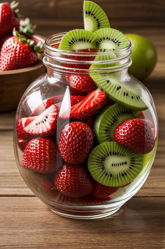 Generate an image where it is a glass bottle with a curve in the middle (like Coca-Cola) and that the lid is plastic, that has the name “Arizona” and that it has a strawberry-kiwi flavor and that the liquid is transparent red 