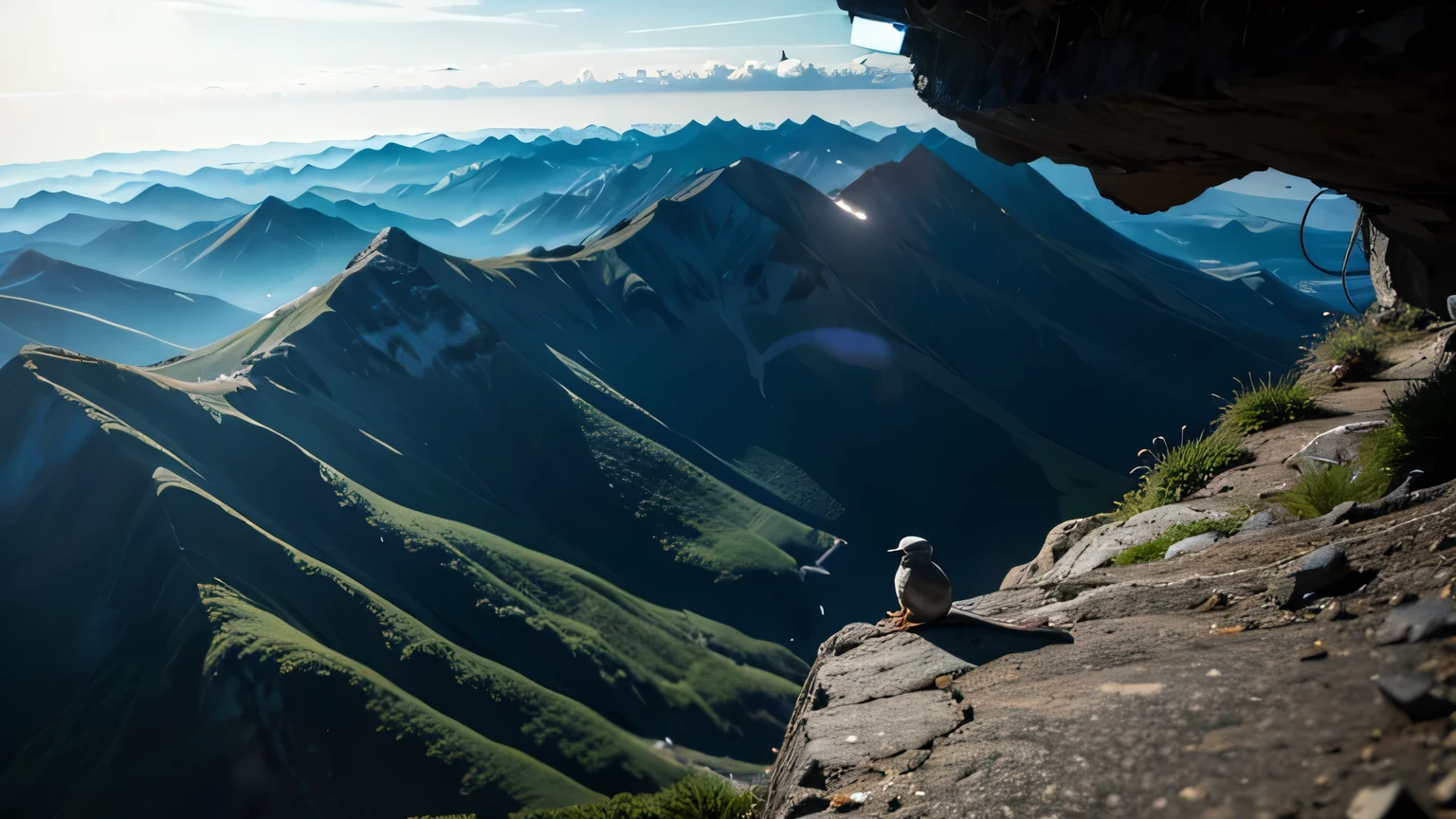 LITTLE BIRD WITH INJURED WING ON THE TOP OF A MOUNTAIN, WITH A DARK AND DANGEROUS ABYSS BELOW