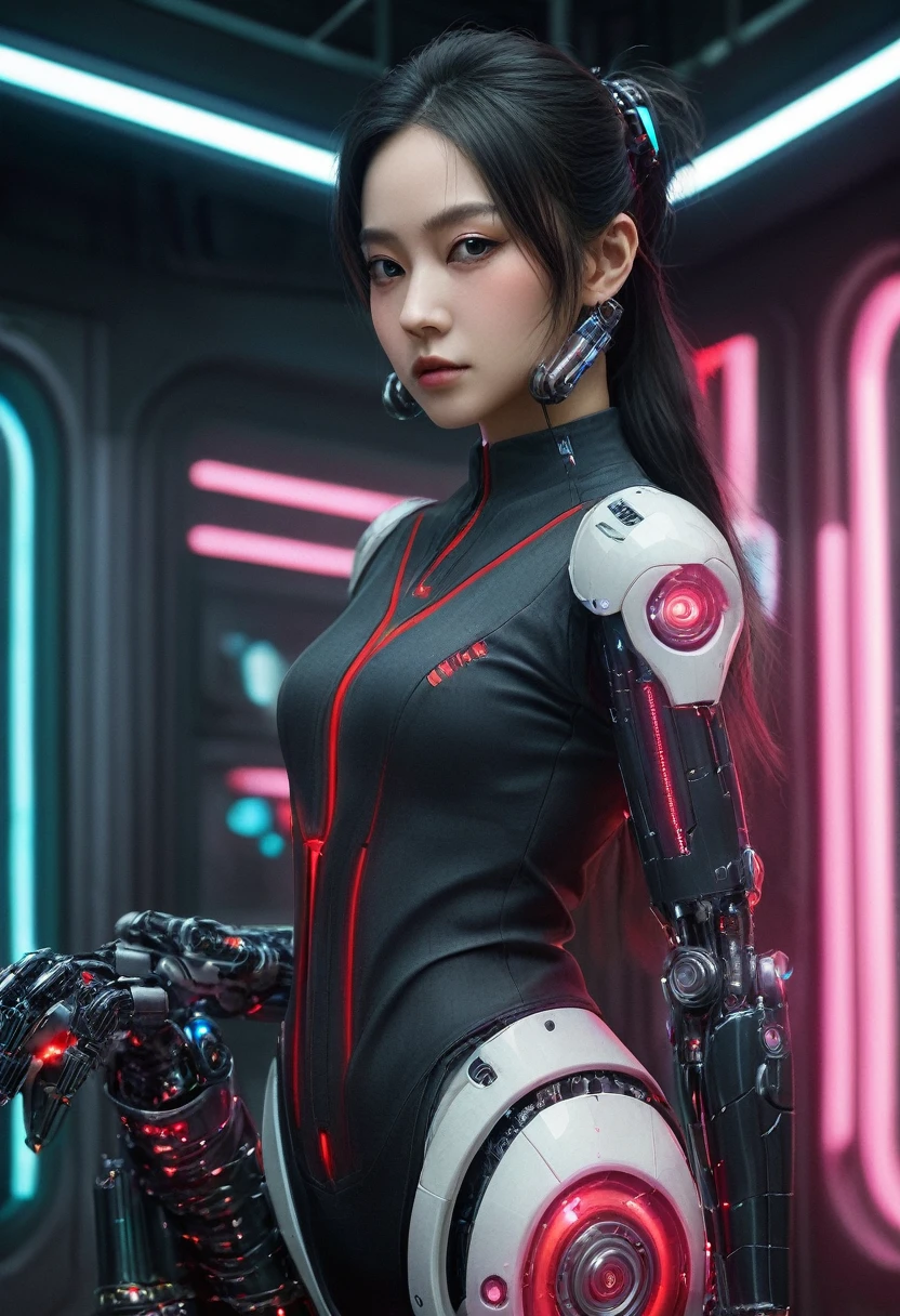 xxmixgirl. Highly detailed professional 35mm film, bokeh, face in sharp focus. A robotic female, Miku, with ((metal skin)), ((perfect Asian eyes)) with magenta irises and ((black pupils)), beautiful serious (detailed face), 18 year old ((photorealistic face)), very long magenta twin tails of magenta hair, twin black hair ties with a single red stripe. She may have a black audio headpiece. We can see her ((full body)) down to her boot soles. Her outfit is a sleeveless collared light grey shirt, outlined in red around the frilled collar and hems. Shiny reflective ((metallic breast cups, dimpleless)), invisible nipples. She wears black sleeves with red hems that start around her upper arm and bellow out as the sleeves open and extend to her wrists, with wide trumpet red rimmed cuffs. She has perfect robotic (detailed hands). She wears a red colored tie with two horizontal solid parallel black lines halfway across. She wears a fabric black skirt with a horizontal red hem at the bottom all the way around; her (((black skirt wraps around her))) and ((her skirt completely covers)) her robotic waist and thighs. Tall black boots with red bottom soles, a red rim around the top at her thighs. Her mechanical shoulder joints are visible. We can see her robotic legs and robotic neck. Half of her is covered with shiny polished machinery. The background is a distant dark neon futuristic Japanese city, gold, cyan, violet neon, near harbor or mountains.