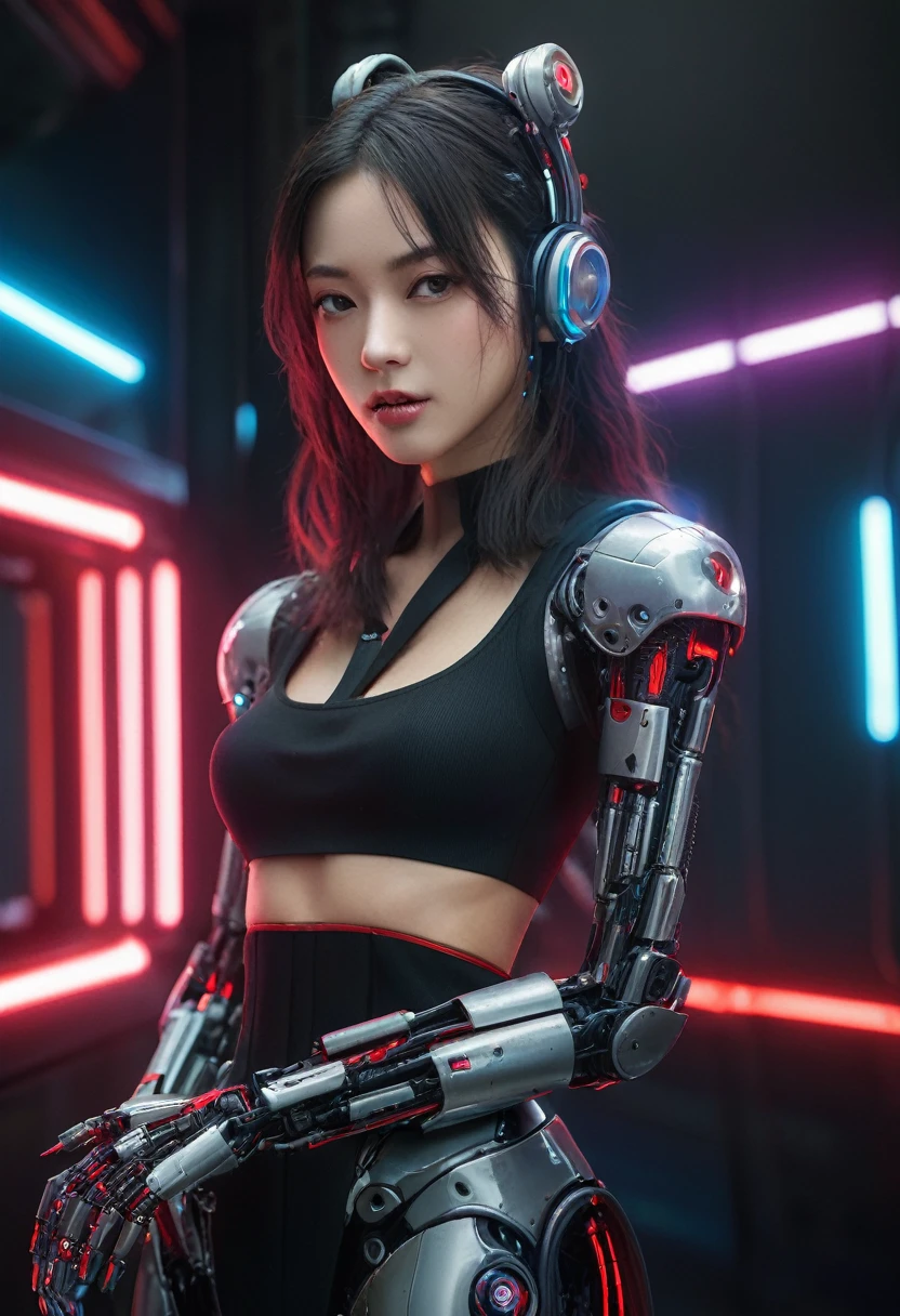 xxmixgirl. Highly detailed professional 35mm film, bokeh, face in sharp focus. A robotic female, Miku, with ((metal skin)), ((perfect Asian eyes)) with magenta irises and ((black pupils)), beautiful serious (detailed face), 18 year old ((photorealistic face)), very long magenta twin tails of magenta hair, twin black hair ties with a single red stripe. She may have a black audio headpiece. We can see her ((full body)) down to her boot soles. Her outfit is a sleeveless collared light grey shirt, outlined in red around the frilled collar and hems. Shiny reflective ((metallic breast cups, dimpleless)), invisible nipples. She wears black sleeves with red hems that start around her upper arm and bellow out as the sleeves open and extend to her wrists, with wide trumpet red rimmed cuffs. She has perfect robotic (detailed hands). She wears a red colored tie with two horizontal solid parallel black lines halfway across. She wears a fabric black skirt with a horizontal red hem at the bottom all the way around; her (((black skirt wraps around her))) and ((her skirt completely covers)) her robotic waist and thighs. Tall black boots with red bottom soles, a red rim around the top at her thighs. Her mechanical shoulder joints are visible. We can see her robotic legs and robotic neck. Half of her is covered with shiny polished machinery. The background is a distant dark neon futuristic Japanese city, gold, cyan, violet neon, near harbor or mountains.