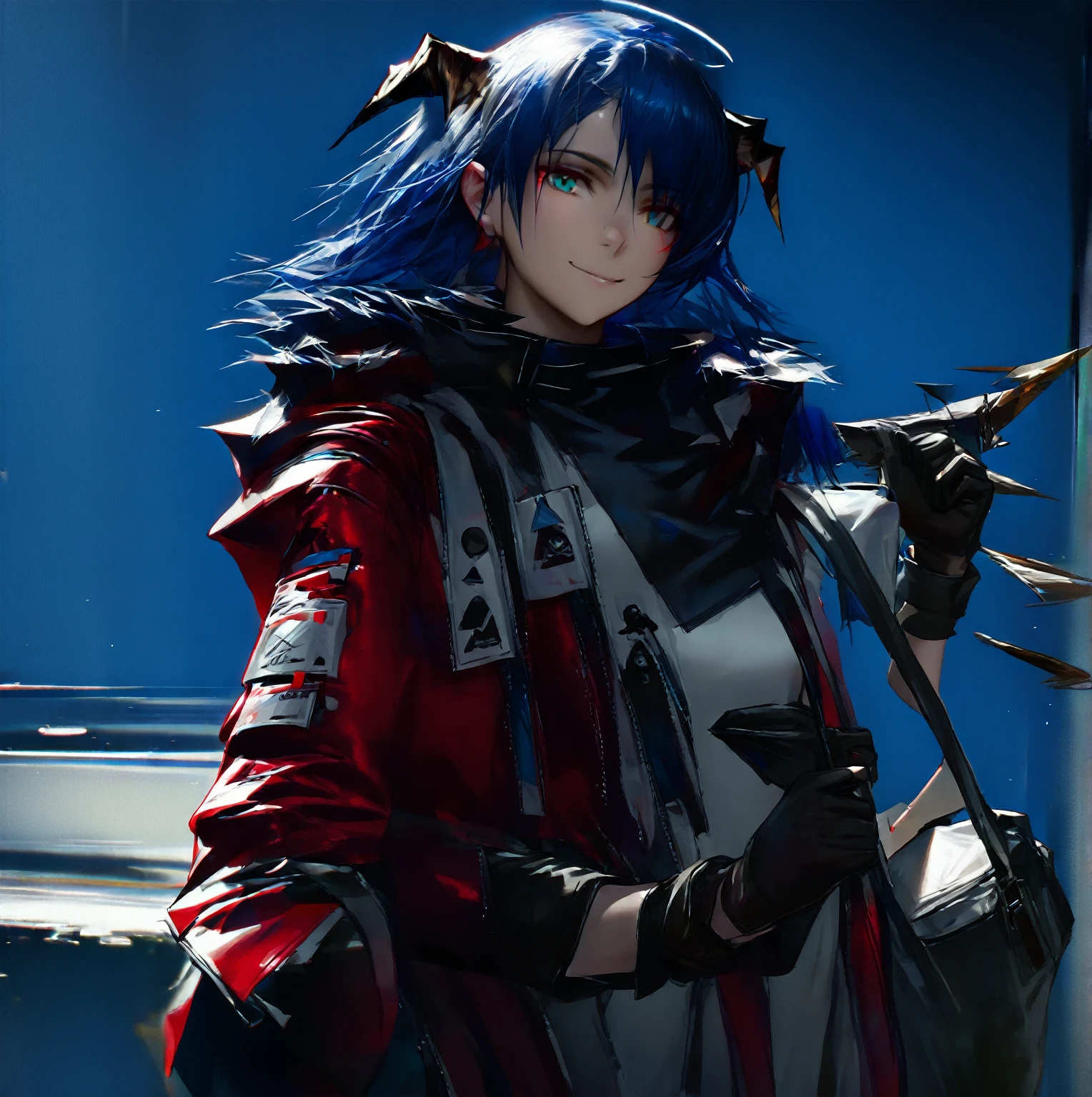 (woman), ((Mostima from arknights)), masterpiece, best quality, blue hair, ((short hair)), horns, plain white shirt, red fullbody coat, dark blue eyes, realistic anime style, smile, ((portrait)), black gloves, carring a bag.
