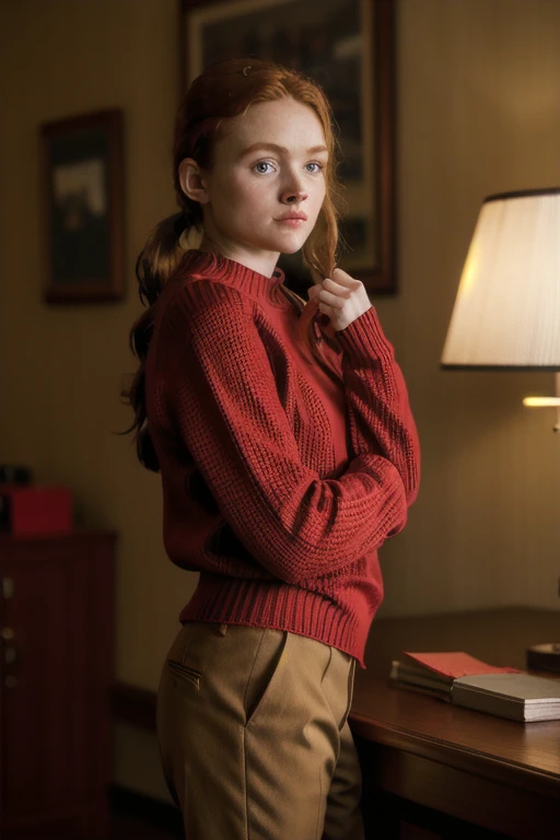 red ponytail, a photo of sds,a woman,wearing sweater and pants,cinematic,film grain,bokeh,room,david fincher lighting style ,rim light,dimly lit,ultrasharp,8k,hd,dslr,masterpiece,extremely sharp