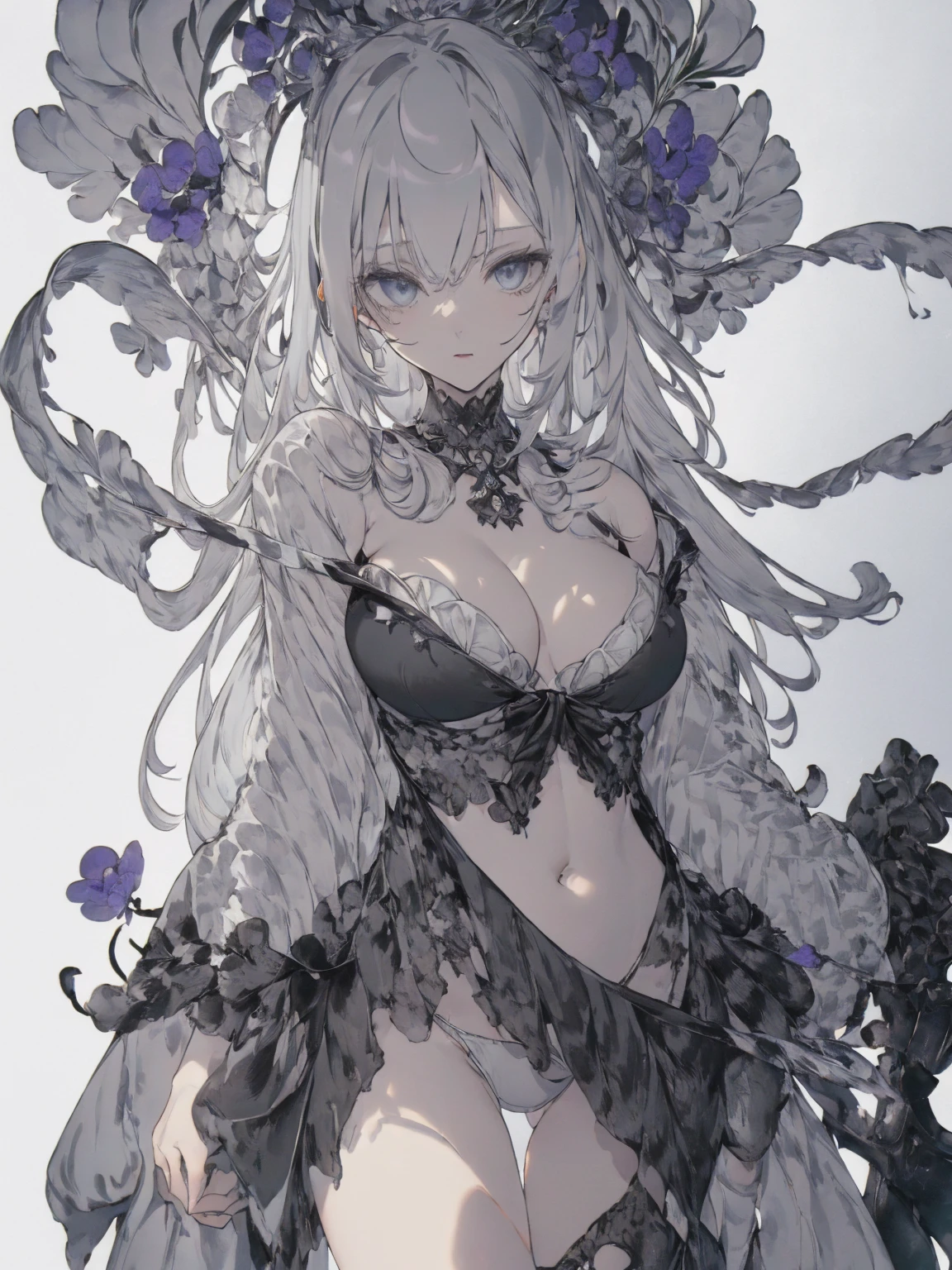 (summer clothing photo:1.1, gray white background:1.5), Masterpiece, best quality, (very detailed CG unity 8k wallpaper), (best quality), High definition RAW color art, Animation,sculptures, (black Marble Skin), (((Ultra detailed elegant))), Magical atmosphere, Detailed skin, Texture,(Intricately detailed, Fine detail, ultra-detail art), Silky Touch, Hyper Detail, beautiful eyes, Elegant Face, (lying alone), enormous breast:1.3, (silver hair), pastel purple, embarrassing face, wide open udder, black bikini, Holding a bouquet of grey flowers