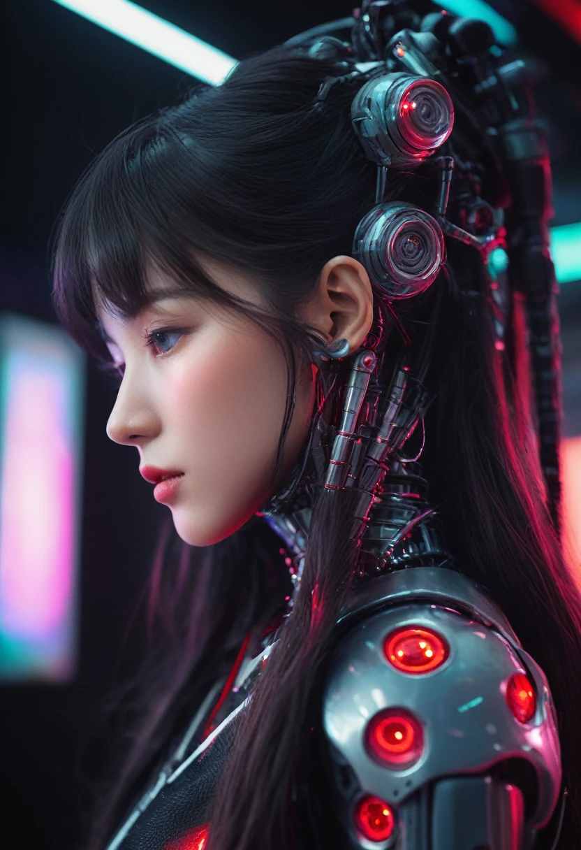 xxmixgirl. Highly detailed professional 35mm film, bokeh, face in sharp focus. A robotic female, Miku, with ((metal skin)), ((perfect Asian eyes)) with magenta irises and ((black pupils)), beautiful serious (detailed face), 18 year old ((photorealistic face)), very long magenta twin tails of magenta hair, twin black hair ties with a single red stripe. She may have a black audio headpiece. We can see her ((full body)) down to her boot soles. Her outfit is a sleeveless collared light grey shirt, outlined in red around the frilled collar and hems. Shiny reflective ((metallic breast cups, dimpleless)), invisible nipples. She wears black sleeves with red hems that start around her upper arm and bellow out as the sleeves open and extend to her wrists, with wide trumpet red rimmed cuffs. She has perfect robotic (detailed hands). She wears a red colored tie with two horizontal solid parallel black lines halfway across. She wears a fabric black skirt with a horizontal red hem at the bottom all the way around; her (((black skirt wraps around her))) and ((her skirt completely covers)) her robotic waist and thighs. Tall black boots with red bottom soles, a red rim around the top at her thighs. Her mechanical shoulder joints are visible. We can see her robotic legs and robotic neck. Half of her is covered with shiny polished machinery. The background is a distant dark neon futuristic Japanese city, gold, cyan, violet neon, near harbor or mountains.