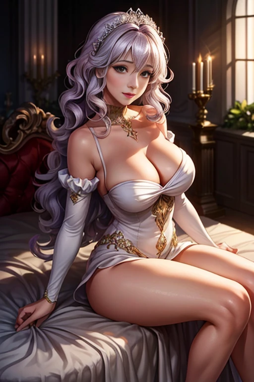linda Lumiereing,best qualityer,work of art,ultra-high resolution,photorrealistic, (soft_Lumiere:1.5),(Lumiereing),delicate elegance,captivating beauty,Balance from proposal,enchanting, 1 girl,standing alone,((breasts big:1.2),Kido_saori,lavender hair,(hair between the eyes:1.2),sitting down,gazing at viewer, fund,