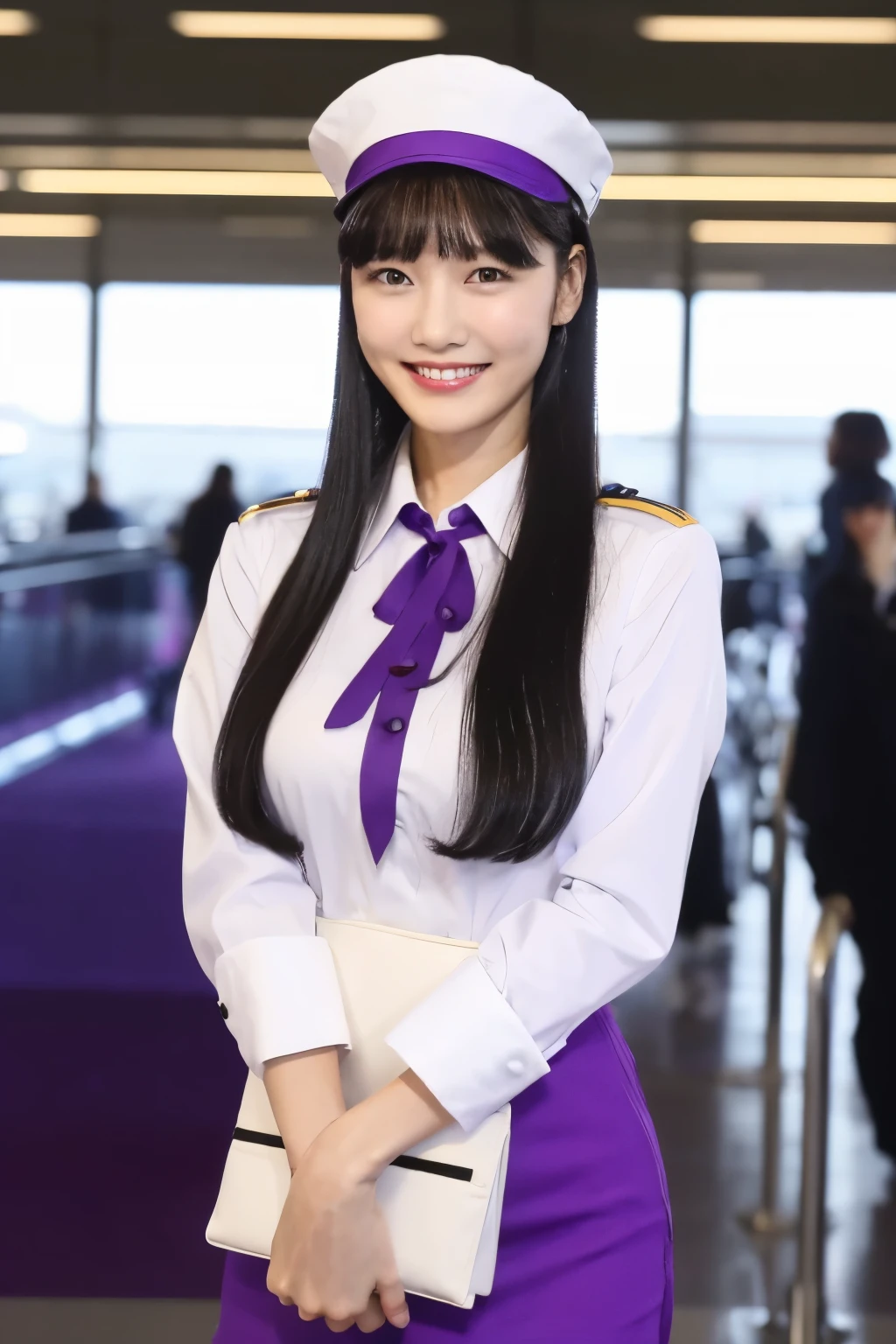 Black Hair、With bangs、Purple stewardess cap、Big Breasts、Sexy body、Purple stewardess outfit、Standing in front of an airplane、At the airport