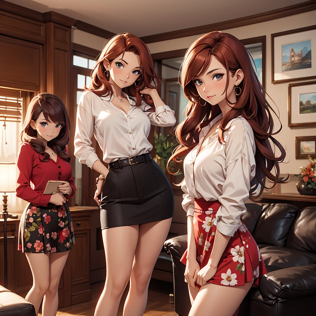 (Masterpiece), (4k), )vivid colors), (evening light) Woman of 40 with brown hair with red highlights dressed as a successful MILF businesswoman with a pose and seductive look, accompanied by her 2 daughters, 13 years old, blonde with a floral dress with small breasts, and the other, 16 years old, with red hair and medium breasts, in a low-cut top and a short skirt in the living room of her house.