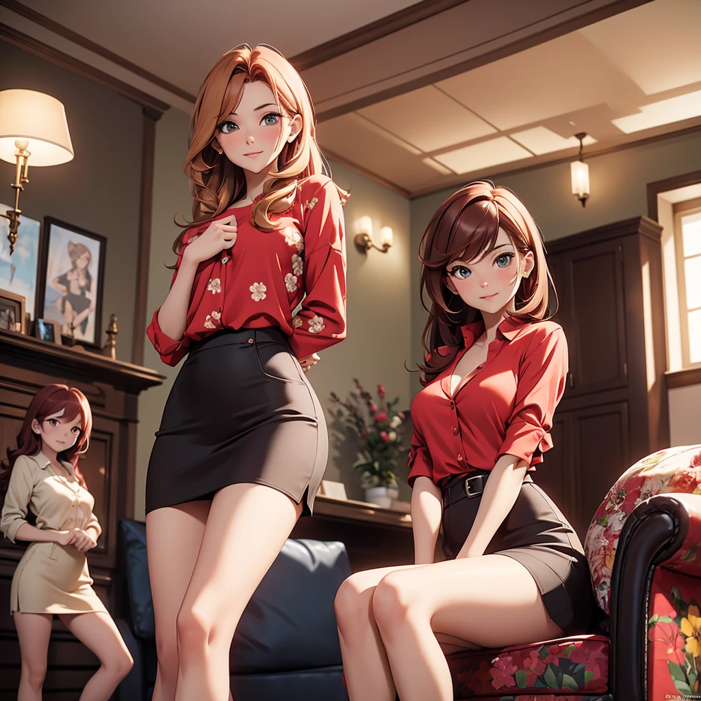 (Masterpiece), (4k), )vivid colors), (evening light) Woman of 40 with brown hair with red highlights dressed as a successful MILF businesswoman with a pose and seductive look, accompanied by her 2 daughters, , blonde with a floral dress with small breasts, and the other, 16 years oldair and medium breasts, in a low-cut top and a short skirt in the living room of her house.