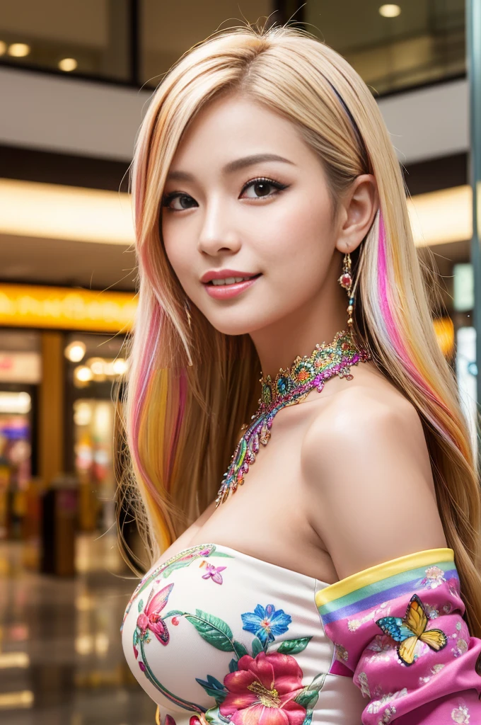 (masterpiece:1.4), (best quality:1.4), ultra high res, ultra high resolution, ((detailed facial features)), HDR, (realistic, photorealistic, photo-realistic:1.37), closeup, sexy seductive Thai woman, (seductive smile), (slim girl), long lashes, beautiful makeup, platinum blonde hair, fair skin, elegant posture, wearing large sparkling colorful jewelery, wearing a red cosplay dress with black floral embroidery, ultra detailed exotic rainbow-colored butterflies flutter around, standing in a large shopping mall, gentle sunlight shining through the shopping mall windows, casting a soft glow on her face, adding warmth to the scene, vibrant colors, capturing the essence of vibrant city life, portrait style, showcasing her natural beauty and grace in a feminine way