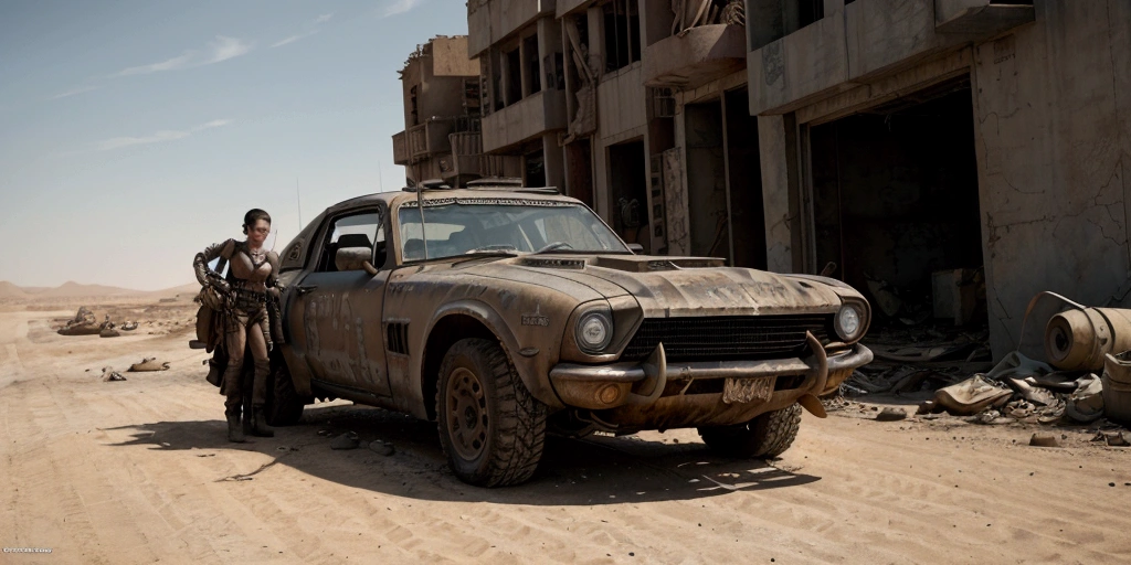 A detailed shot of Anne Hathaway as Furiosa, in a deserted city. Abandoned, desolated city. . A postapocaliptic shot. wasteland. George Miller´s Mad Max Fury Road. Cinematic. 4k. HD.