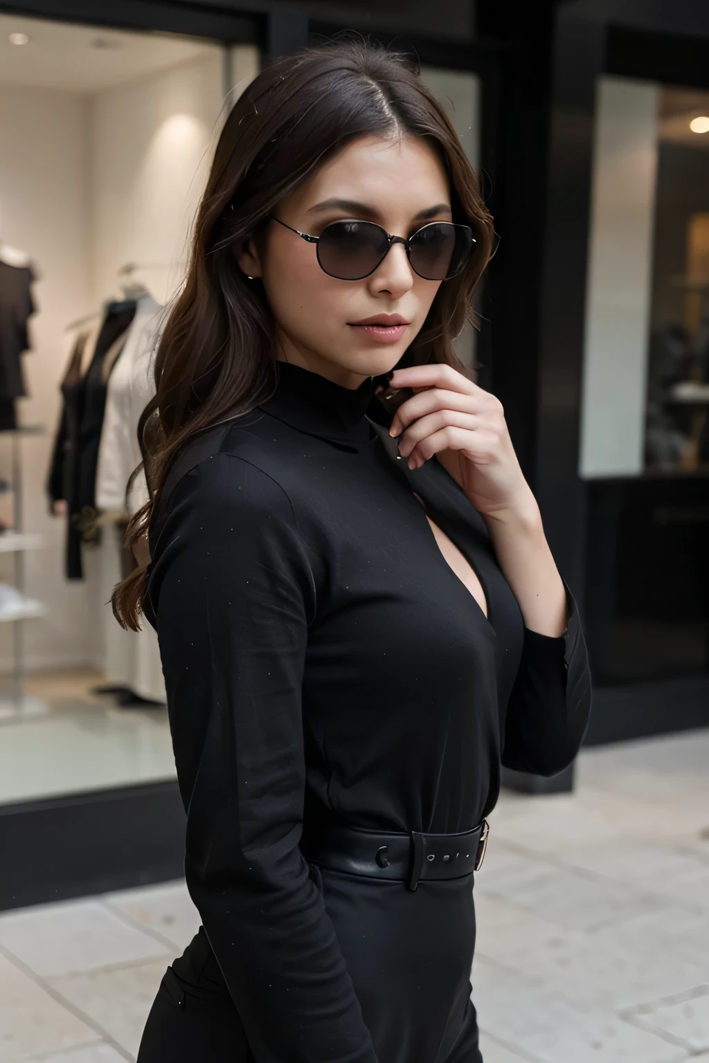 Create an image to display on the cover of my eyewear store reels, an elegant woman wearing sunglasses, beautiful and well dressed in black clothes.