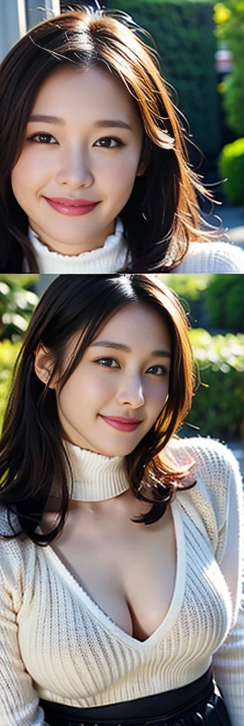 Highest quality、 Very detailed、High resolution、8k wallpaper、Perfect dynamic composition,、
yui aragaki、(Knitted sweater)、(turtleneck)、(Pleated skirt)、The chest is covered by clothing、
Beautiful Eyes、Natural color lip、((Looking into the camera))、((Japanese Idols))、very cute、20-year-old、
Realistic、Fair skin、Great light、Beautiful lighting、Parted bangs、Beautiful cleavage、(Sagging breasts:1.5)、garden、smile、
