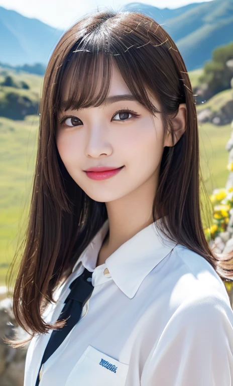 (a very detailed woman in an oversized white collared shirt, with a full body shot, complex and beautiful eyes, a feminine hairstyle, natural colored lips, ample round boson, posing in a valley with an ocean backdrop, giving a bold and sexy smile, a young adorable japanese face in an official art style, cowboy_shot, highly detailed CG Unity 8k wallpaper, (masterpiece:1.0),(highest quality:1.0), super A high resolution, 4K, super detailed, photo shoot, 8k, nffsw, high resolution, kodak portrait 400, film grain, lens flare glow, highest quality, 8k, nffsw:1.2, portrait shot, 8k)