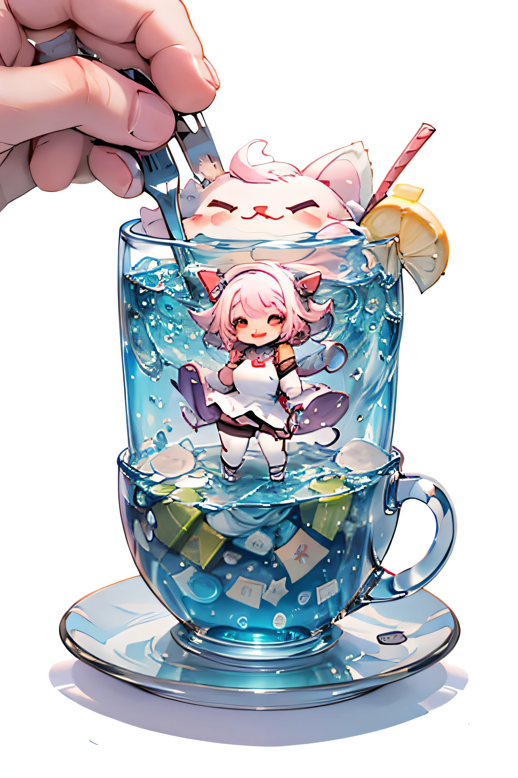 Design an adorable scene featuring a chibi anime girl happy. The artwork focuses solely on the character ych, make the girl small and the dessert bigger than her, she needs to be full body, without a detailed background.