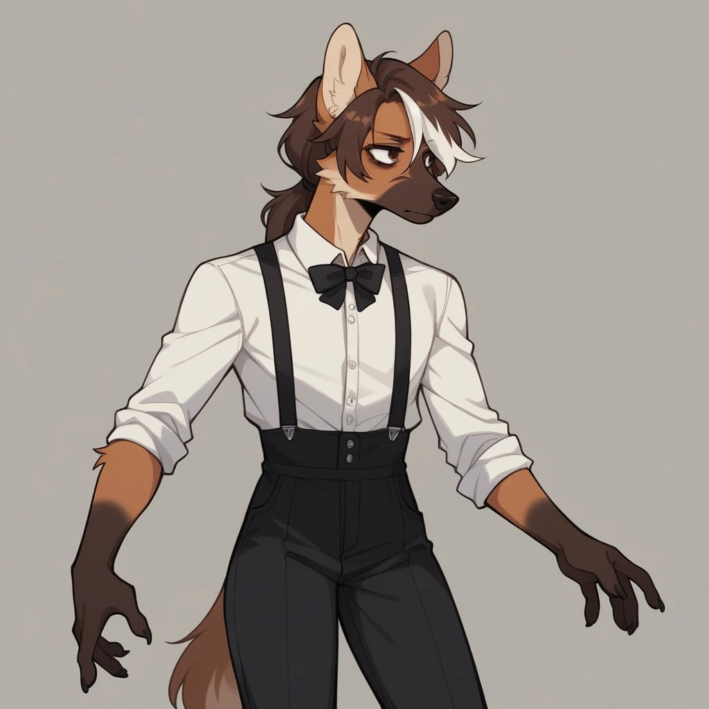 Solo, score_9, score_8_up, score_7_up, score_6_up, score_5_up, score_4_up, source_furry, Anthro, androgynous, anthro furry girl, maned wolf, brown eyes, tall, long legs, thick thighs, , short brown hair, white tips on hair, white highlights on hair, low ponytail. side locks, snout, jitome, bags under eyes, flat chested, wearing men’s clothing, white button up shirt, black bow tie, sleeves rolled up, suspenders, black dress pants, looking to the side, casual stance