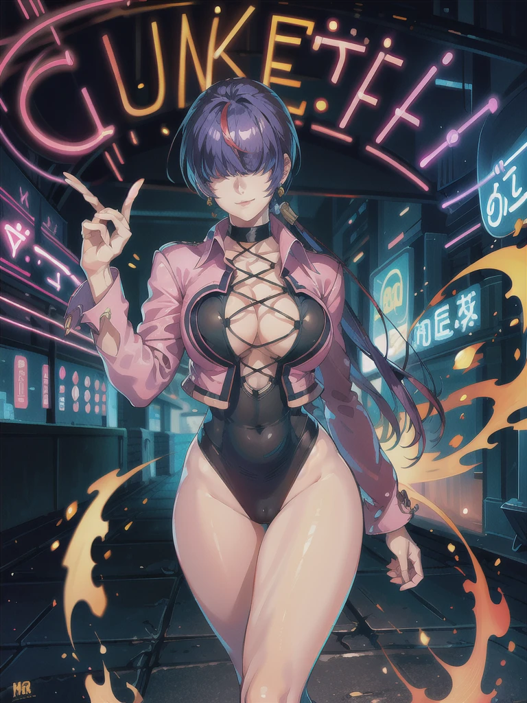 (night), in a video game scene with a neon background and a neon light,
Standing at attention,
pink suit, pink jacket, choker, neckline, clothing cut, 
earrings, purple hair, she has long bangs in her hair that cover her eyes ((hair over eyes)),
1 girl, 20 years old, Young woman, Beautiful finger, Beautiful long legs, Beautiful body, Beautiful nose, Beautiful character design, perfect face,
looking at viewer (focusing on his face), mouth closed, Light_Smile,
official art, extremely detailed CG unity 8k wallpaper, perfect lighting, colorful, bright front lighting, shiny skin,
(masterpiece: 1.0), (best_quality: 1.0), ultra-high resolution, 4K, ultra-detailed,
photography, 8K, HDR, high resolution, absurdities:1.2, Kodak portra 400, film grain, blurred background, bokeh:1.2, lens flare, (vibrant_color:1.2), professional photography,
(Beautiful, breasts: 1.4), (beautiful_face: 1.5), (narrow_waist),