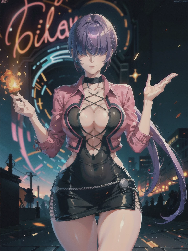 (night), in a video game scene with a neon background and a neon light,
Standing at attention,
pink suit, pink jacket, choker, neckline, clothing cut, 
earrings, purple hair, she has long bangs in her hair that cover her eyes ((hair over eyes)),
1 girl, 20 years old, Young woman, Beautiful finger, Beautiful long legs, Beautiful body, Beautiful nose, Beautiful character design, perfect face,
looking at viewer (focusing on his face), mouth closed, Light_Smile,
official art, extremely detailed CG unity 8k wallpaper, perfect lighting, colorful, bright front lighting, shiny skin,
(masterpiece: 1.0), (best_quality: 1.0), ultra-high resolution, 4K, ultra-detailed,
photography, 8K, HDR, high resolution, absurdities:1.2, Kodak portra 400, film grain, blurred background, bokeh:1.2, lens flare, (vibrant_color:1.2), professional photography,
(Beautiful, breasts: 1.4), (beautiful_face: 1.5), (narrow_waist),