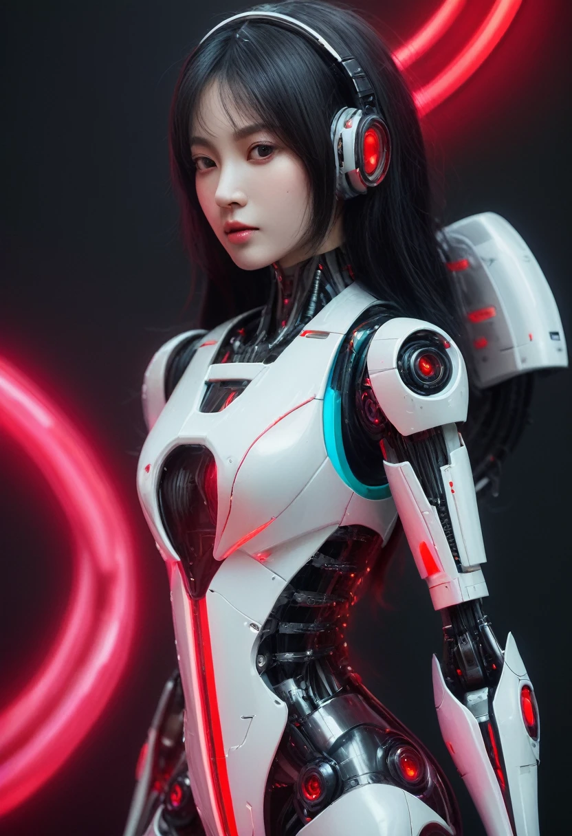 xxmixgirl. Highly detailed professional 35mm film, bokeh, face in sharp focus. A robotic female, Miku, with ((metal skin)), ((perfect Asian eyes)) with magenta irises and ((black pupils)), beautiful serious (detailed face), 18 year old ((photorealistic face)), very long magenta twin tails of magenta hair, twin black hair ties with a single red stripe. She may have a black audio headpiece. We can see her ((full body)) down to her boot soles. Her outfit is a sleeveless collared light grey shirt, outlined in red around the frilled collar and hems. Shiny reflective ((metallic breast cups, dimpleless)), invisible nipples. She wears black sleeves with red hems that start around her upper arm and bellow out as the sleeves open and extend to her wrists, with wide trumpet red rimmed cuffs. She has perfect robotic (detailed hands). She wears a red colored tie with two horizontal solid parallel black lines halfway across. She wears a fabric black skirt with a horizontal red hem at the bottom all the way around; her (((black skirt wraps around her))) and ((her skirt completely covers)) her robotic waist and thighs. Tall black boots with red bottom soles, a red rim around the top at her thighs. Her mechanical shoulder joints are visible. We can see her robotic legs and robotic neck. Half of her is covered with shiny polished machinery. The background is a distant dark neon futuristic Japanese city, gold, cyan, violet neon, near harbor or mountains.