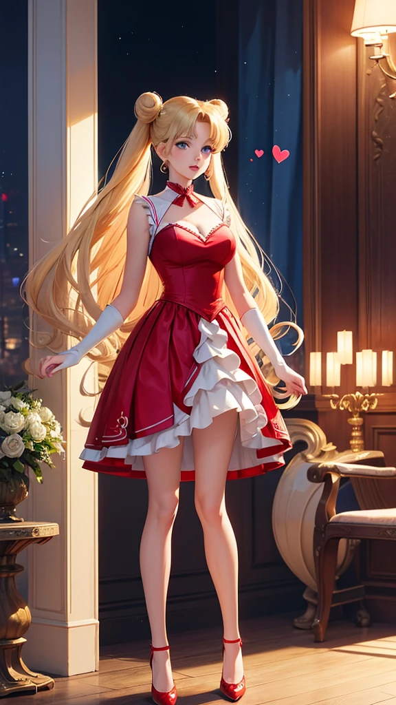 Digital Art adult woman with blonde hair, blue eyes, two buns, heart shaped face in red lace dress with high heel shoes standing similar to Usagi Tsukino character from Sailor Moon anime style