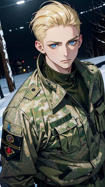 Masterpiece, high quality, Single male, very beautiful face, masculine, portrait, pale skin, light blue eyes, piercing eyes, show forehead, camouflage uniform, camouflage pants, buzz cut light blond hair, yellow eyebrows, the face is tired, cold, camouflage soldier's jacket, camouflage ratnik, soldart, no accessories, night-time, blue light, snow in background, Rich in color, close-up shot, bust photo, NO hands. Look at viewer.