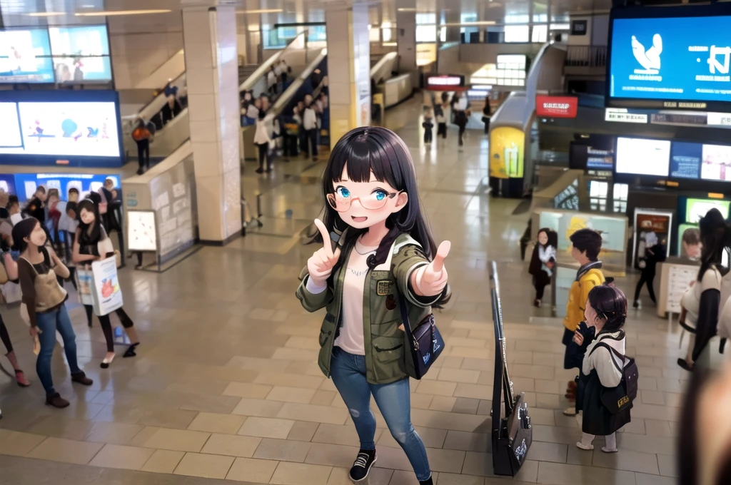 best quality, ultra-detailed, illustration,
1girl, solo, glasses, black hair, long hair, field jacket, jeans, black bag, smile, laughing, pointing at another, looking at viewer, 
umedabm, photo background, 6+boys, crowd, blurry, real world location, people, indoors, ceiling, ceiling light, from above
 