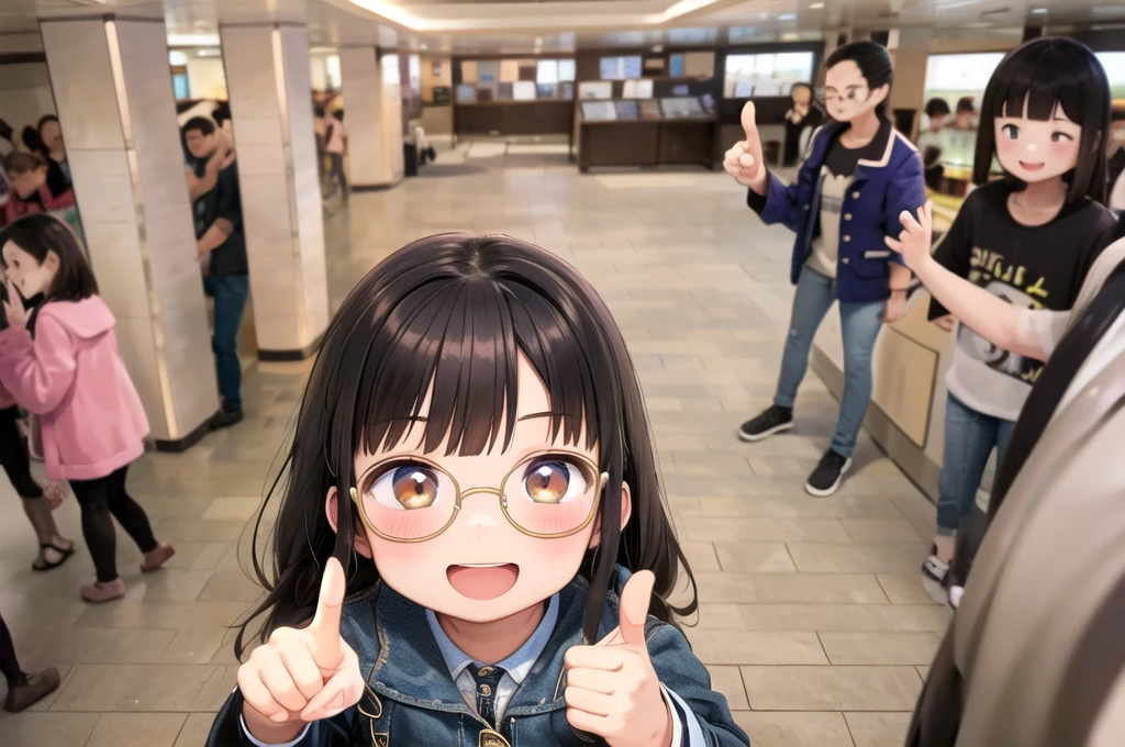 best quality, ultra-detailed, illustration,
1girl, solo, glasses, black hair, long hair, field jacket, jeans, black bag, smile, laughing, pointing at another, looking at viewer, 
umedabm, photo background, 6+boys, crowd, blurry, real world location, people, indoors, ceiling, ceiling light, from above
 