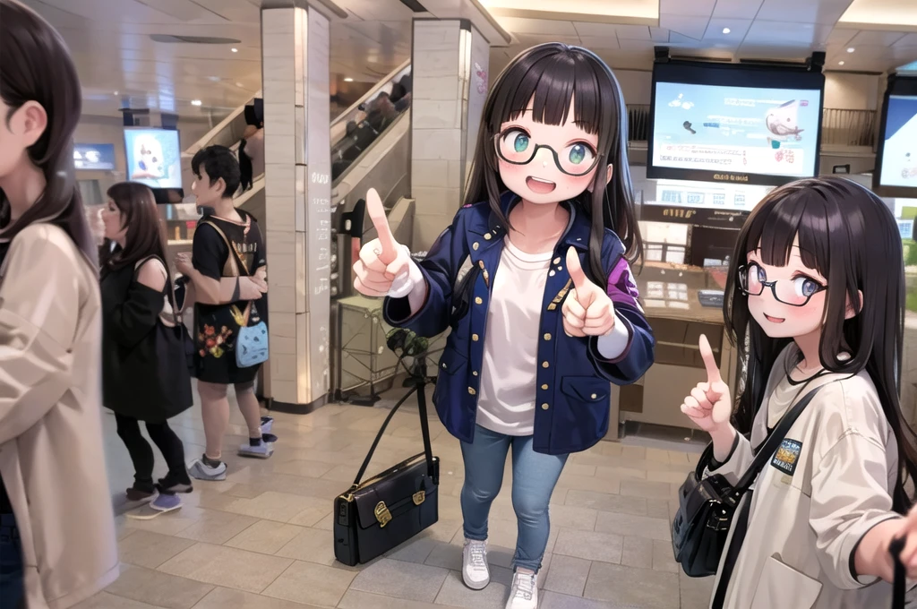 best quality, ultra-detailed, illustration,
1girl, solo, glasses, black hair, long hair, field jacket, jeans, black bag, smile, laughing, pointing at another, looking at viewer, 
umedabm, photo background, 6+boys, crowd, blurry, real world location, people, indoors, ceiling, ceiling light, from above
 