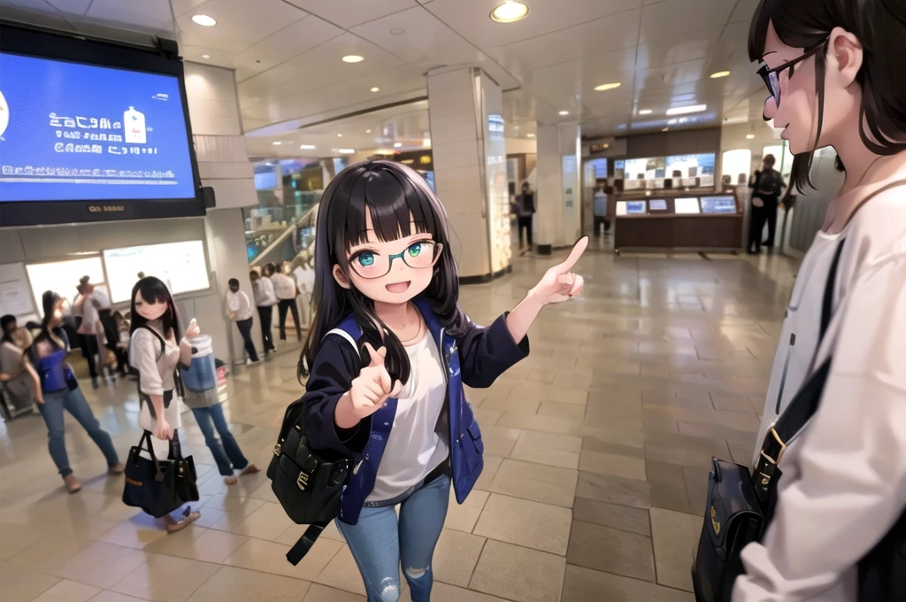 best quality, ultra-detailed, illustration,
1girl, solo, glasses, black hair, long hair, field jacket, jeans, black bag, smile, laughing, pointing at another, looking at viewer, 
umedabm, photo background, 6+boys, crowd, blurry, real world location, people, indoors, ceiling, ceiling light, from above
 