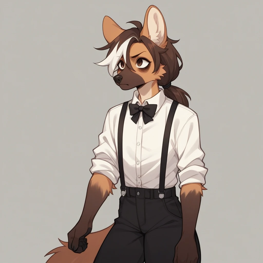 Solo, score_9, score_8_up, score_7_up, score_6_up, score_5_up, score_4_up, source_furry, Anthro, androgynous, anthro furry girl, maned wolf, brown eyes, tall, long legs, thick thighs, , short brown hair, white tips on hair, white highlights on hair, low ponytail. side locks, snout, jitome, bags under eyes, flat chested, wearing men’s clothing, white button up shirt, black bow tie, sleeves rolled up, suspenders, black pants, looking to the side, casual stance