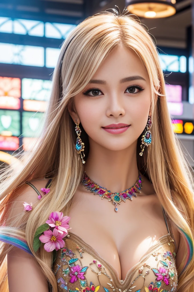 (masterpiece:1.4), (best quality:1.4), ultra high res, ultra high resolution, ((detailed facial features)), HDR, (realistic, photorealistic, photo-realistic:1.37), closeup, sexy seductive Thai woman, (seductive smile), (slim girl), long lashes, beautiful makeup, platinum blonde hair, fair skin, elegant posture, wearing large sparkling colorful jewelery, wearing a red cosplay dress with black floral embroidery, ultra detailed exotic rainbow-colored butterflies flutter around, standing in a large shopping mall, gentle sunlight shining through the shopping mall windows, casting a soft glow on her face, adding warmth to the scene, vibrant colors, capturing the essence of vibrant city life, portrait style, showcasing her natural beauty and grace in a feminine way