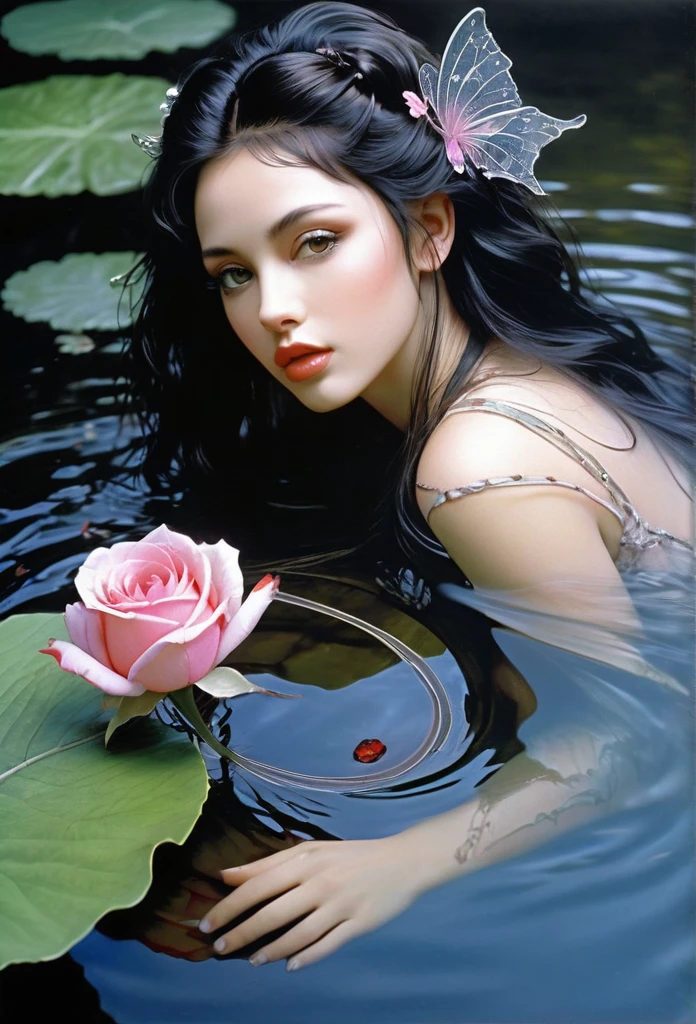double exposure,A masterpiece,((( black fairy))),(black skin)(full body) sitting on a leaf,river, cristal clear water,oil painting,by luis Royo, drawn pencil art, ultra detailed, lips ultra gloss, long. wavy hair, dressed long,transculent, dressing, pink cup, bacground vintage, perfect hands, hearts, rose, filigree, glowing, shadowy, ultra quality, 3d, spoked hairstyle